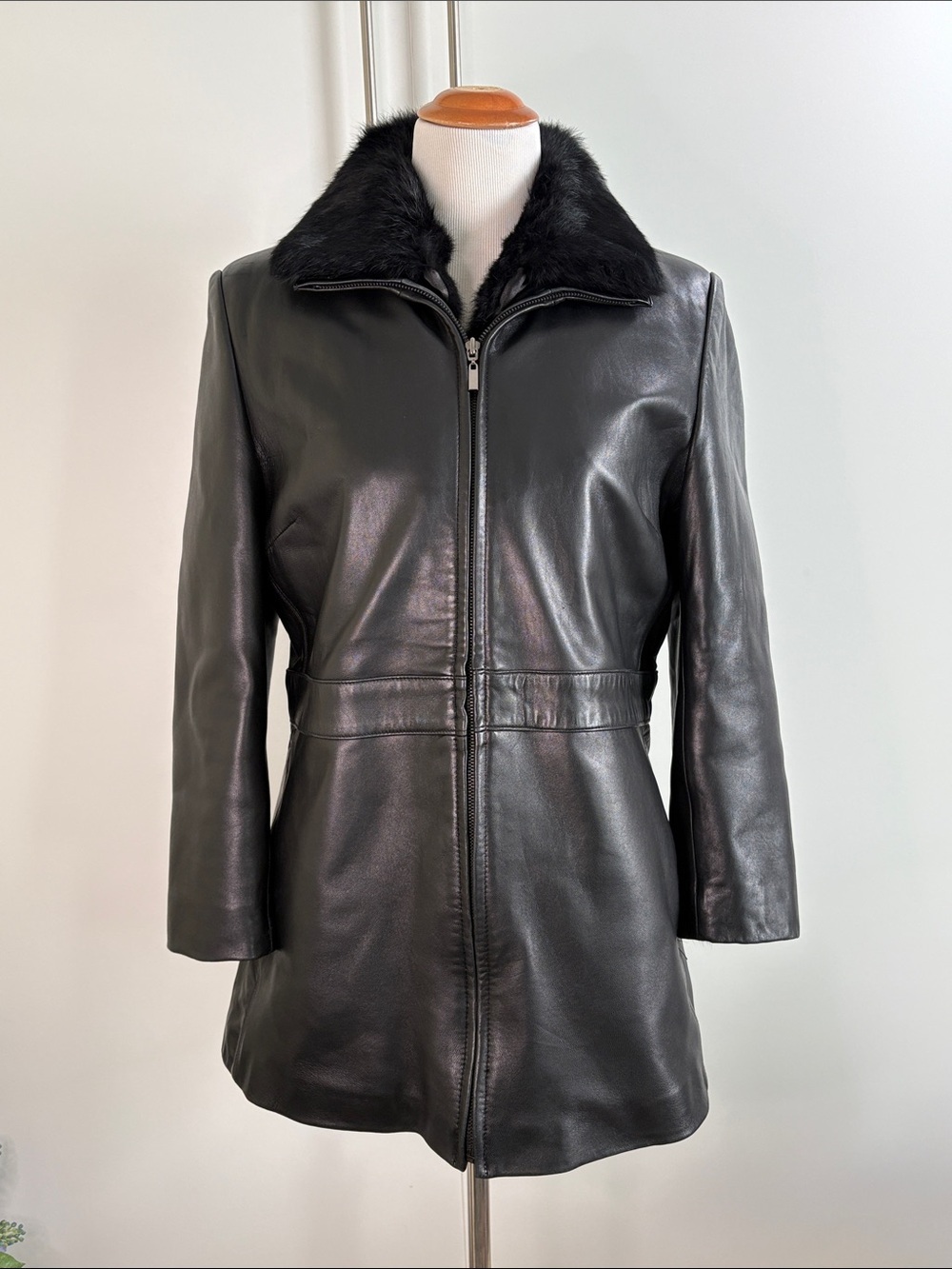 Women's Black Leather Zip-Front Coat with Rabbit Fur Removable Vest M